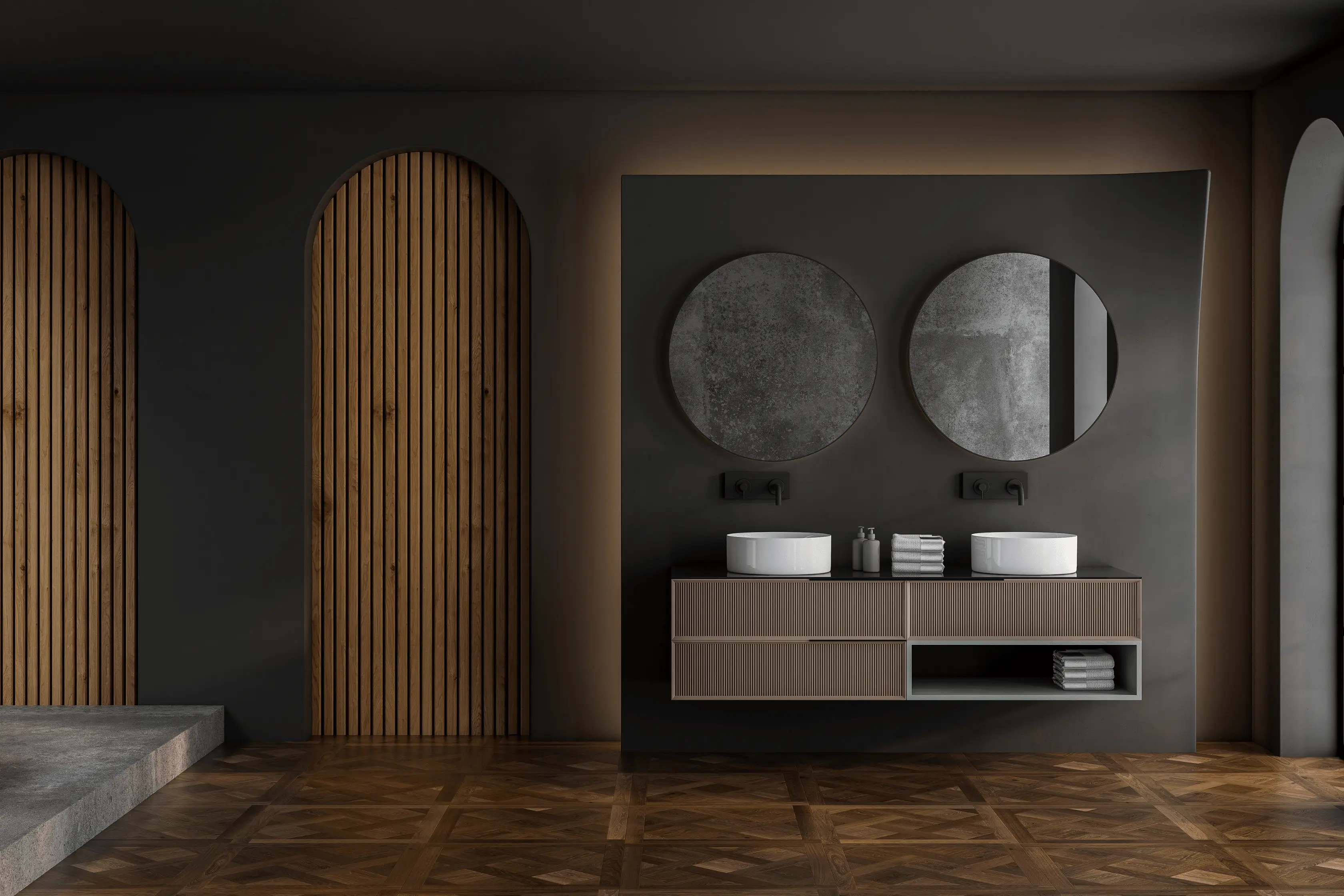 Modern Matt Black And Wooden Themed Bathroom Space